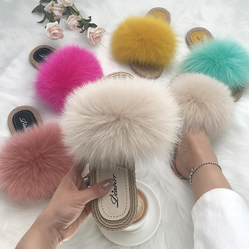 Summer Real Fur Slides Women Furry Slippers Flat Fur Slippers For Women Fox Fur Slides Straw Flip Flops Removerable And Washable