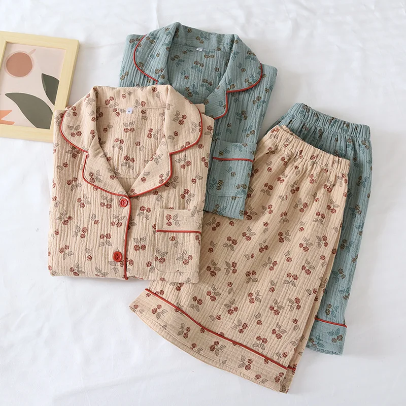 Double Layer Floral Print Pajama Set For Women Home Wear Nightwear Set Summer New Pyjamas Sleepwear Set