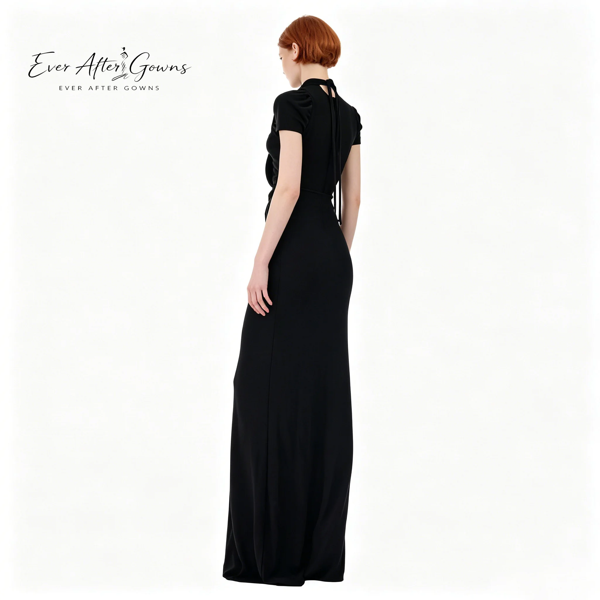 Фото Вечернее платье Ever After Gowns для женщин, черное, с высоким воротом, макси-длина, с коротким рукавом, вырезом-капелькой и узлом, с высоким разрезом, для торжественных мероприятий №2