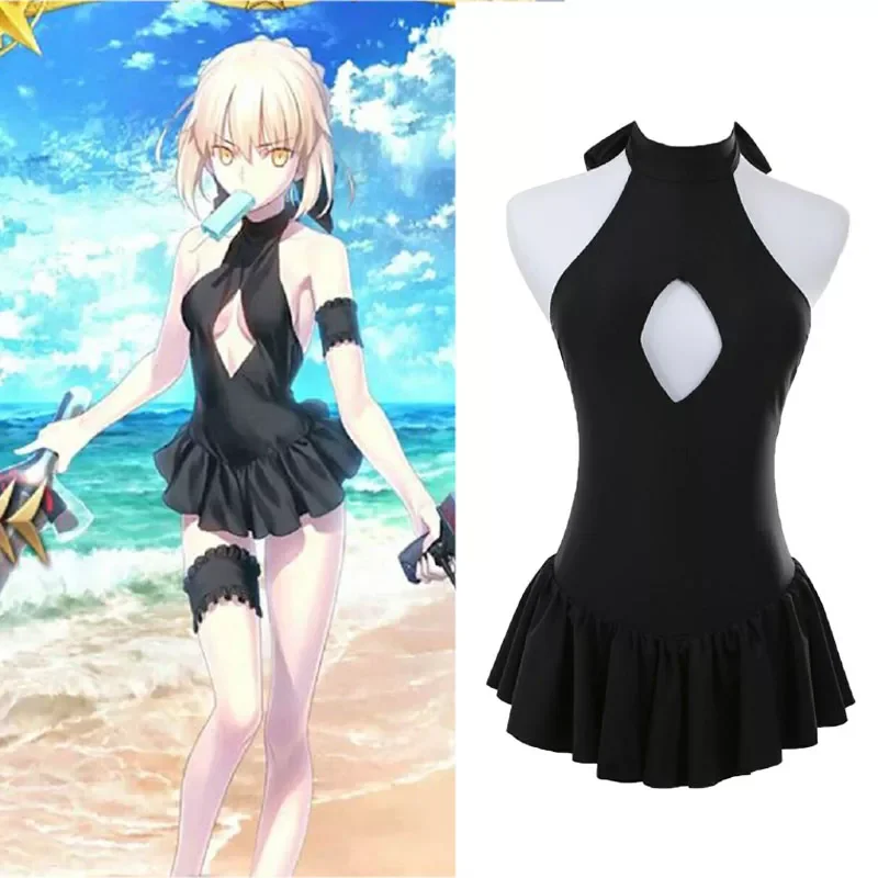 

COS Back water Anime My King Black Halter Sexy One Piece Swimsuit Sexy Set pokemon Cutout backless sexy dress