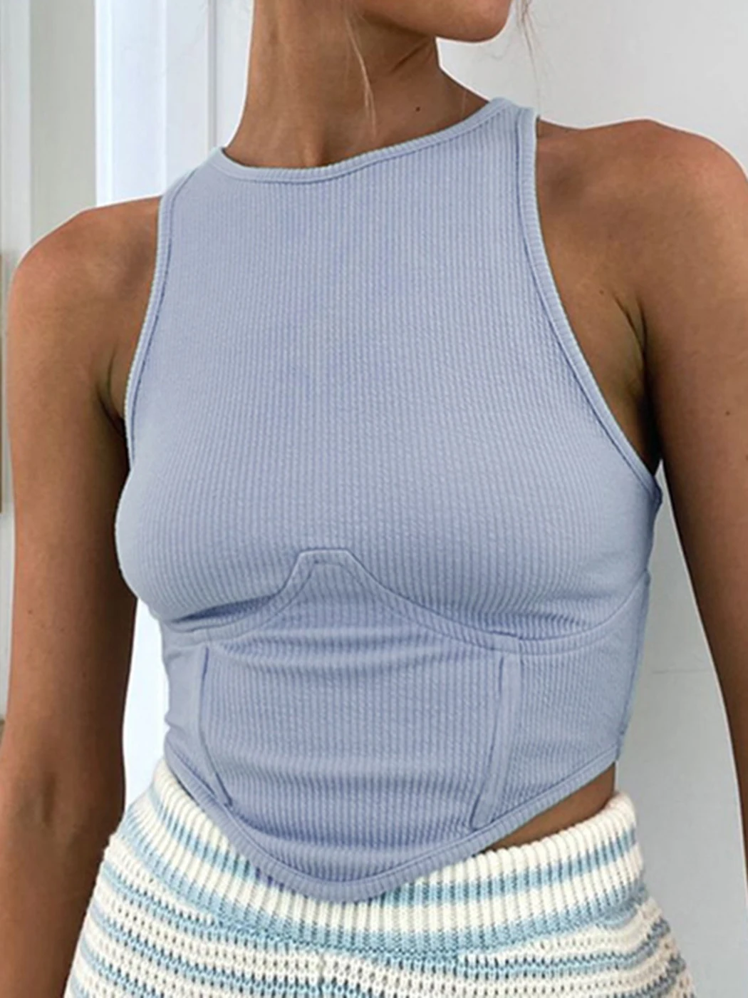 

2022 Women's Summer Slim Crop Top Ribbed Round Neck Sleeveless Blue Chic Vest Streetwear Sexy Hot Corset Tank Tops Female