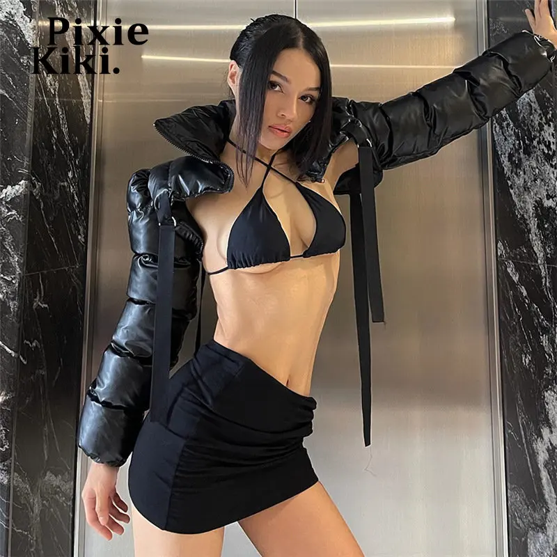 

Асимметричная очень короткая куртка-пуховик PixieKiki для женщин Y2k уличная одежда с пряжкой и открытой спиной пузырьки зимняя одежда