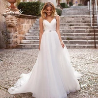 luxury wedding dress tulle and beading with a line v neck sleeveless spahrtti strap bride dresses backless button plus size