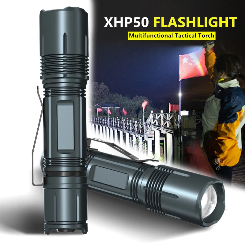 

XHP50 LED Flashlight Multifunctional Tactical Light Zoomable Stepless Dimming Torch USB Charging Waterproof Lamp For Camping