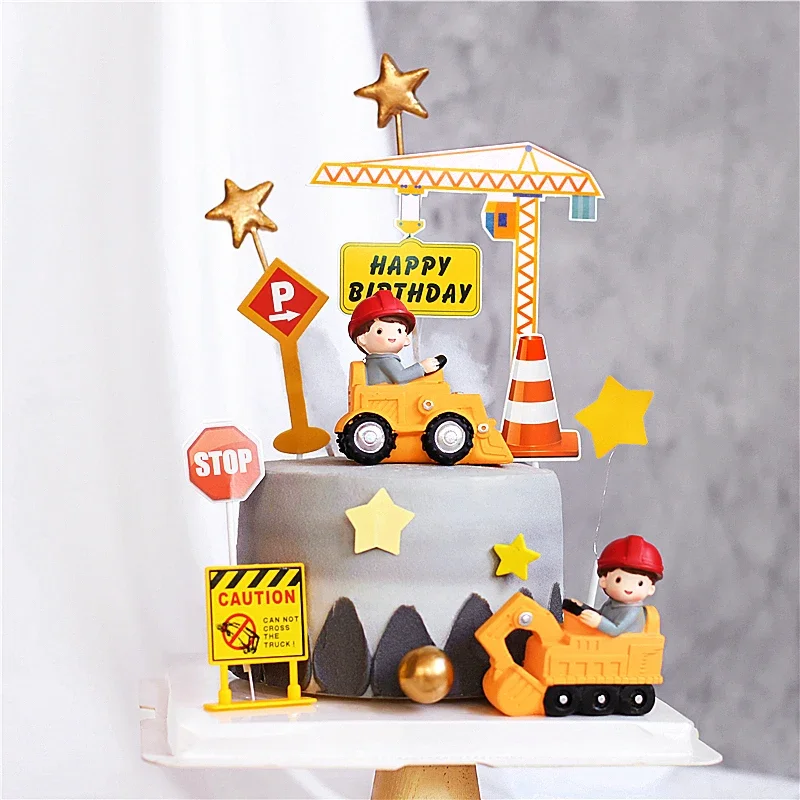 

Excavator Crane Tractor Birthday Cake Decoration Supplies Construction Party Cake Decor Kids Boy 1st Baby Shower One
