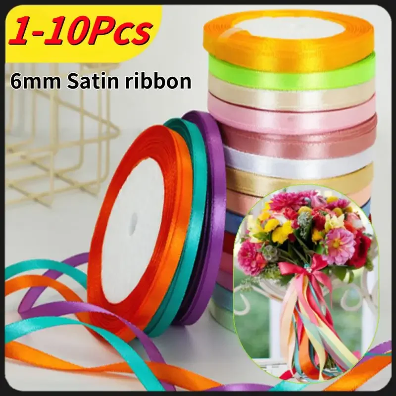 1-10Rolls 25Yards 6mm Satin Ribbons For Crafts Bow Handmade Gift Wrap Partys Christmas Wedding Decorative Artificial Accessories