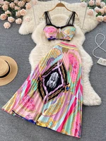 summer boho beach holiday two piece set women skirt suit sexy strapless crop top and high waist pleated long skirt outfits s6895