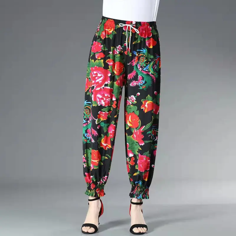 

2022 Summer Women New Ice Silk Thin Bloomers Female Elastic High Waist Loose Pants Ladies Flower Flower Casual Trousers E218