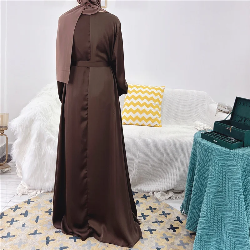 Satin Abaya Dubai With Pockets Free Belt Modest Fashion EID  Muslim Islamic Clothing Women Ramadan Long Sleeve Maxi Dress