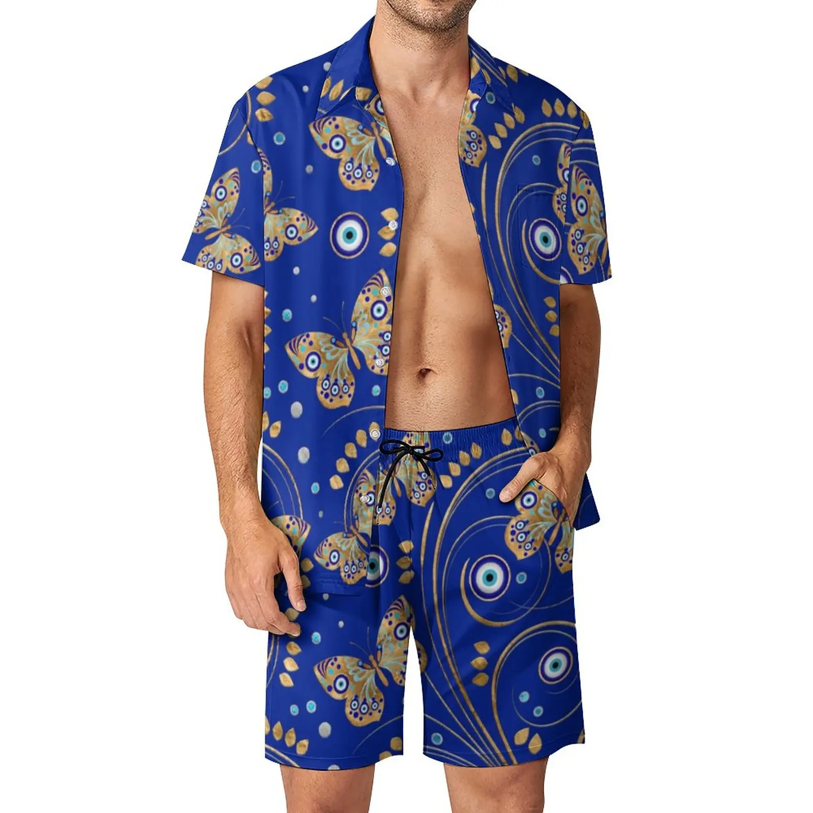 

Abstract Evil Eye Men Sets Golden Butterfly Casual Shorts Beach Shirt Set Summer Cool Custom Suit Short-Sleeve Plus Size Clothes