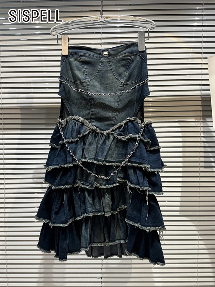 

SISPELL Vintage Strapless Denim Dress For Women Sleeveless High Waist Spliced Tierred Ruffles Mini Dresses Female Clothing Style