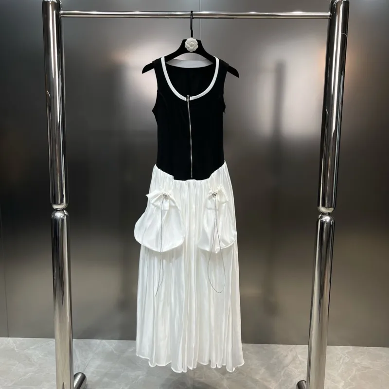 

BORVEMAYS Big Pockets Patchwork Dress Loose Temperament Contrasting Colors O Neck Sleeveless Zipper 2023 Summer Dresses WZ3559