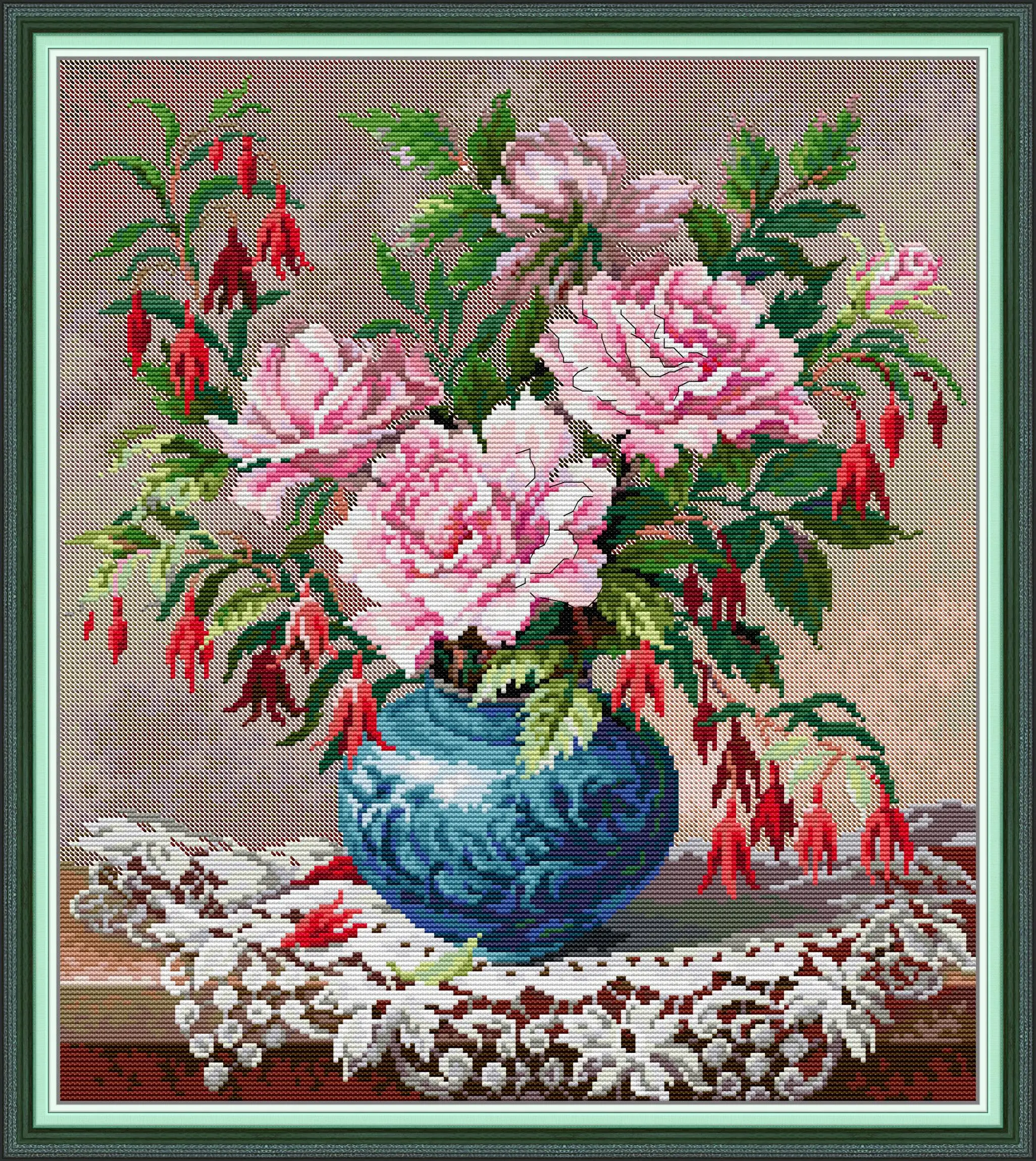 

Joy Sunday Pre-printed Cross Stitch Kit Easy Pattern Aida Stamped Fabric Embroidery Set-Roses and Fuchsia