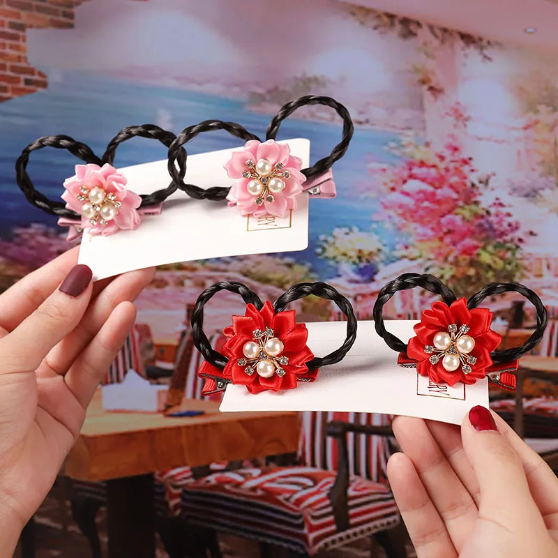 

2PCS New Girls Wig Braid Children Hair Clip Accessories Chinese Style Baby Pearl Flower Lace Duck Mouth Hairpin Headdress