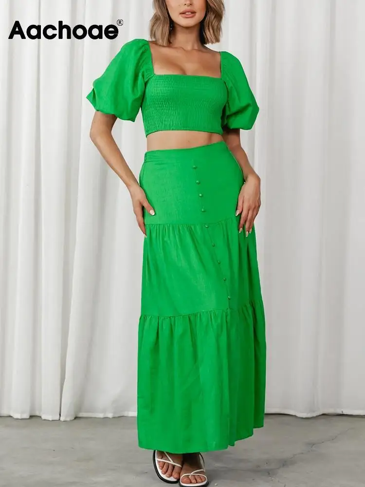 

Aachoae Women Sets Fashion Solid Puff Short Sleeve Cropped Tops With High Waist A Line Midi Skirts Mujer Faladas Casual Outfits