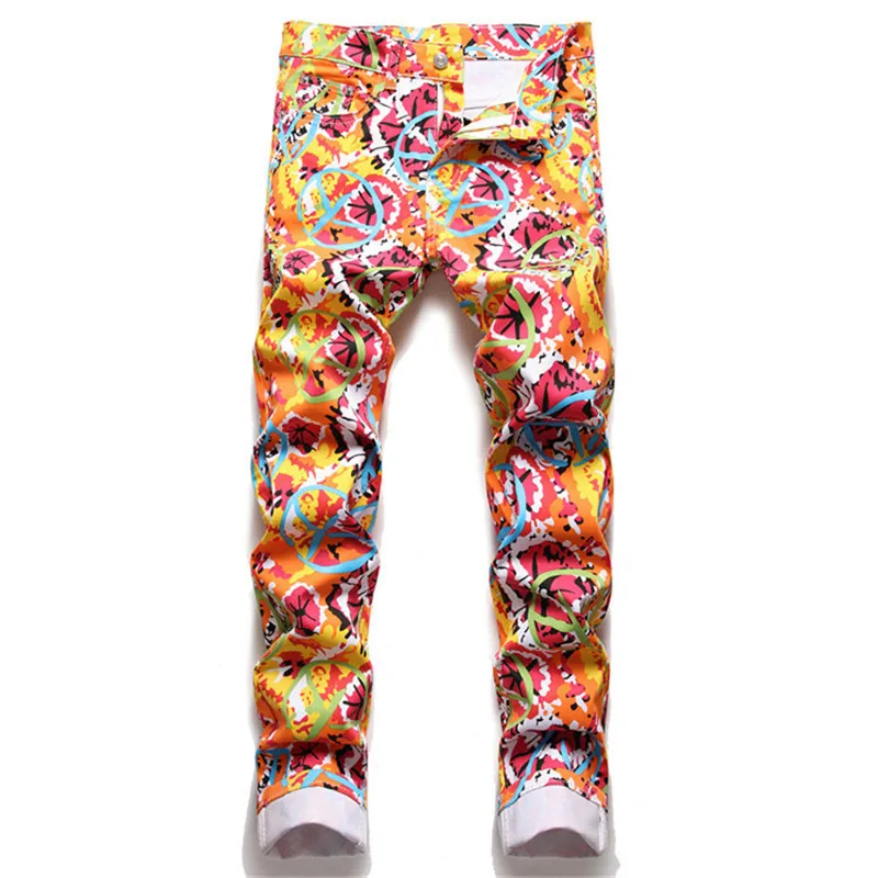 

Мужские облегающие брюки с цветочным принтом, Осенние цветные джинсы с цифровым принтом, эластичные модные повседневные брюки в стиле хип-хоп, популярная одежда для ночного клуба