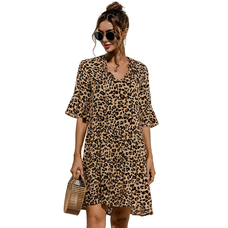 Summer Floral Women Dress Mini Casual Short Sleeve V-neck Flared Sleeves Female Holiday Sexy Leopard Print Ladies Vestidos 2022