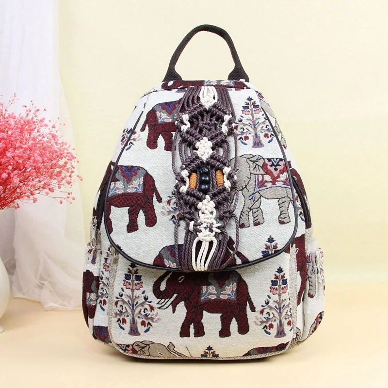 

New Arrival national string appliques women shopping backpacks!Nice animal prints zipper&hasp backrack Hot Lady Canvas backruck