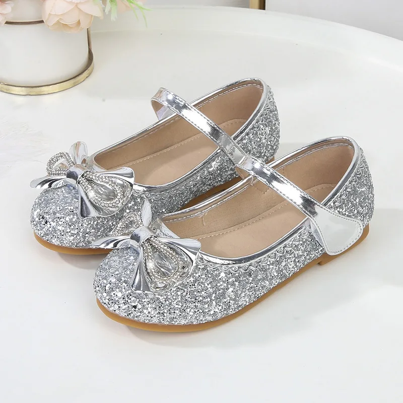 2024 новая детская обувь для девочек золотого цвета с бантом и блестками резиновые