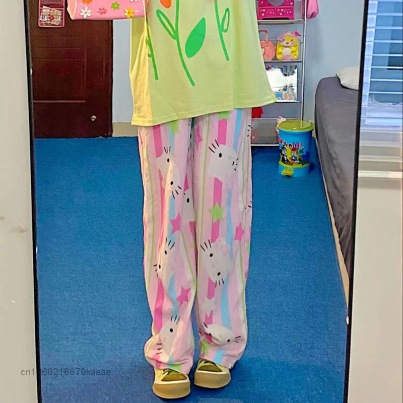 Sanrio Hello Kitty Summer Clothes Female Harajuku Kawaii Pajama Pants Women Casual Wide Leg Pants Y2k Soft Thin Fashion Trousers