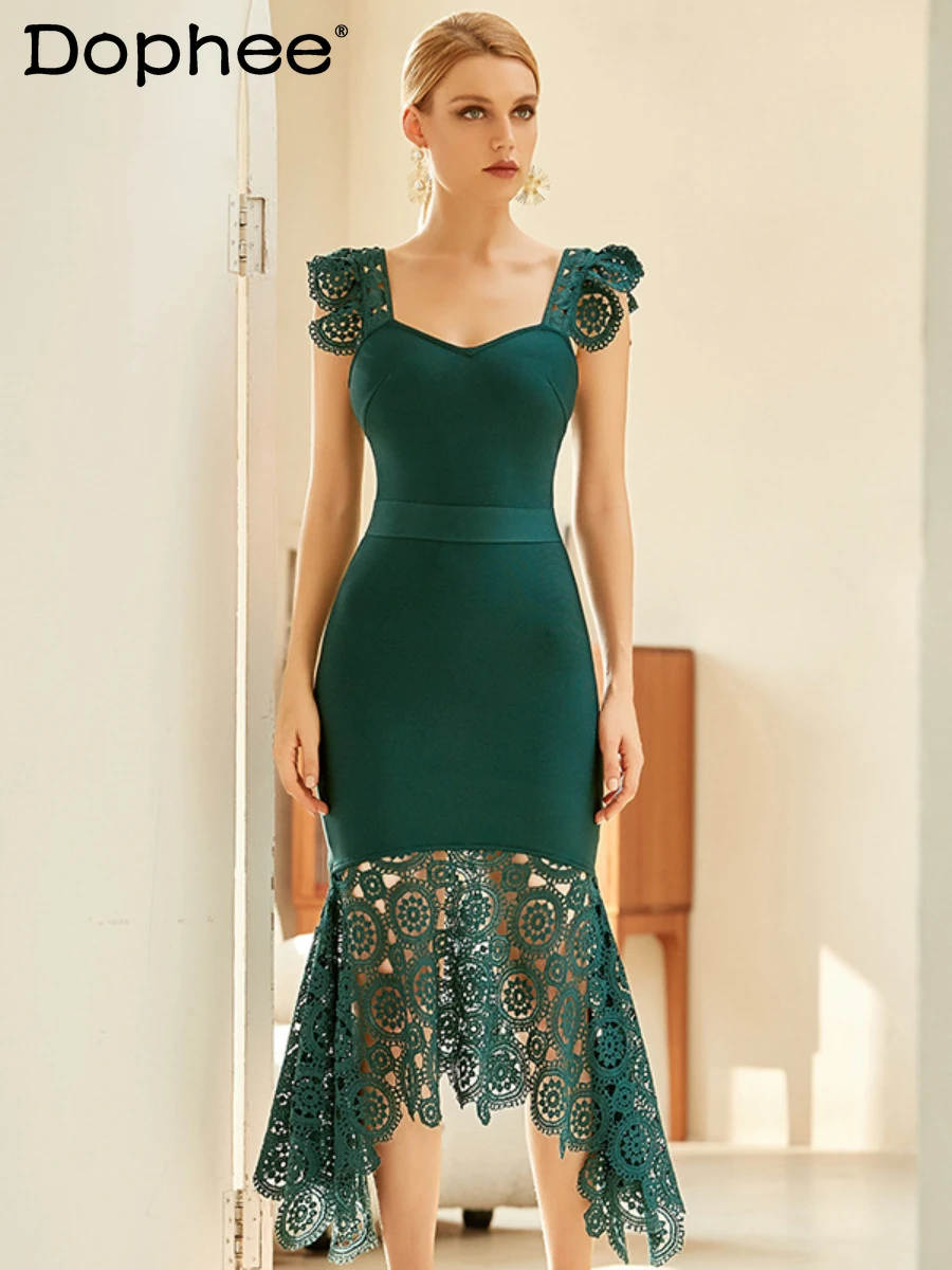 

Nightclub Party Green Suspender Dress Women Elegant High Waist Lace Stitching Fishtail Dress 2022 Summer New Bandage Maxi Dress