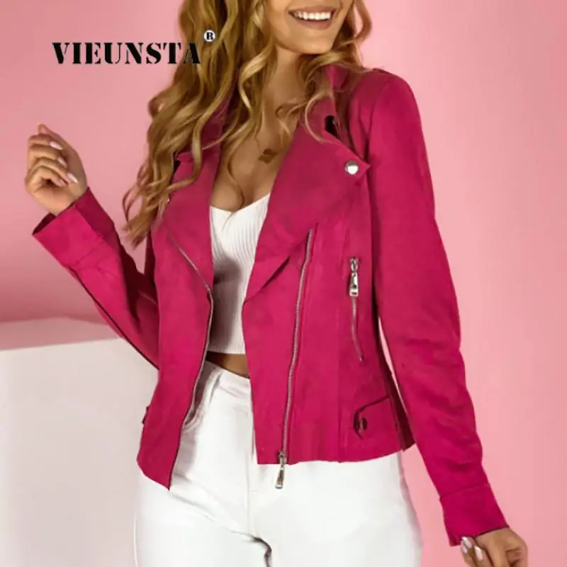 

2023 Women's New Lapel Zipper Short Coat Streetwear Solid Autumn Slim Pu Leather Coats Women Casual Motorcycle Leather Jackets