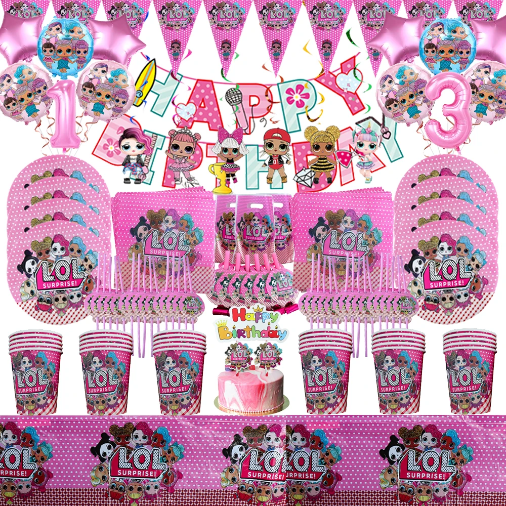 

Surprise Dolls Theme Birthday Party Decoration Disposable Tableware Paper Cup Plate Balloons Baby Shower For Kids Party Supplies