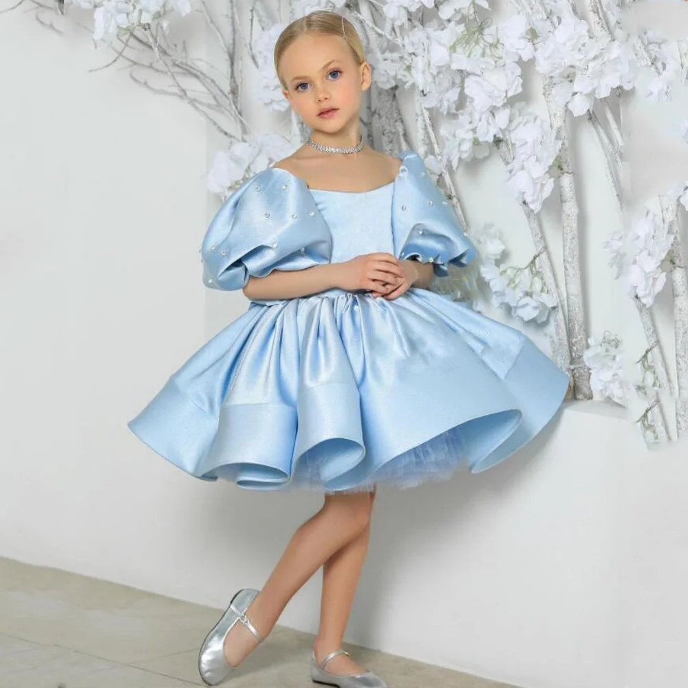 

New Flower Girl Dress Puff Sleeves Girls Party Dresses for Wedding Satin Pearls Kids Christmas Ceremonial Dress