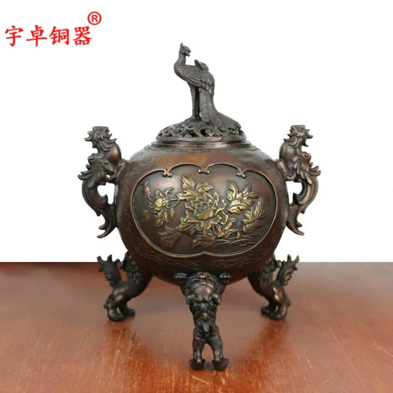 

Yuzhuo Bronze Ware Pure Copper Incense Burner Brass Incense Burner Copper Three Lions Top Phoenix Stove Copper Three Lions Stove