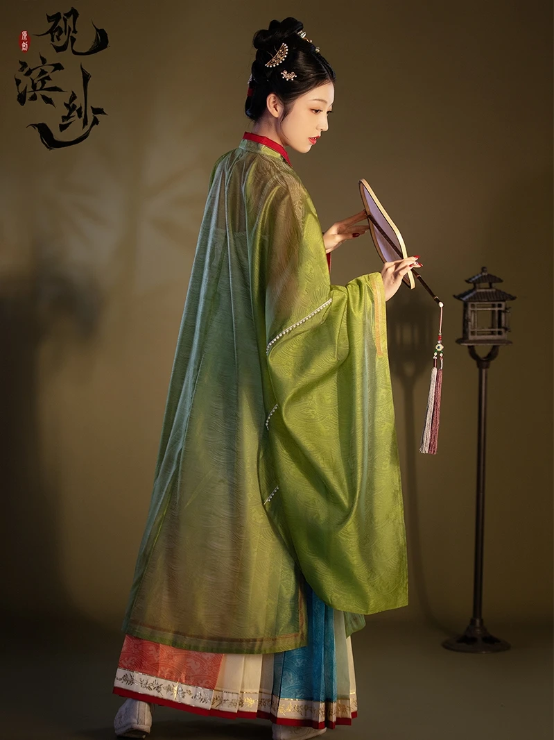 

YanBinSha QingYing Ming Dynasty Hanfu Set Dark Grain Yarn Woven Stand Collar Double-breasted Long Robe Gradient Horse Face Skirt