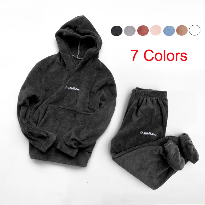

Winter Coral Fleece Sleep Tops Black Flannel Pajamas Set Women Man Thick Plush Warm Girl Gift Plus Velvet Hooded Homewear