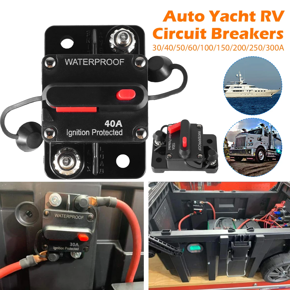 

Auto Yacht RV Circuit Breaker IP67 Waterproof 12V-48V Reset Inline Fuse Inverter 30A-300A Safe Fuse Holder Circuit Protector