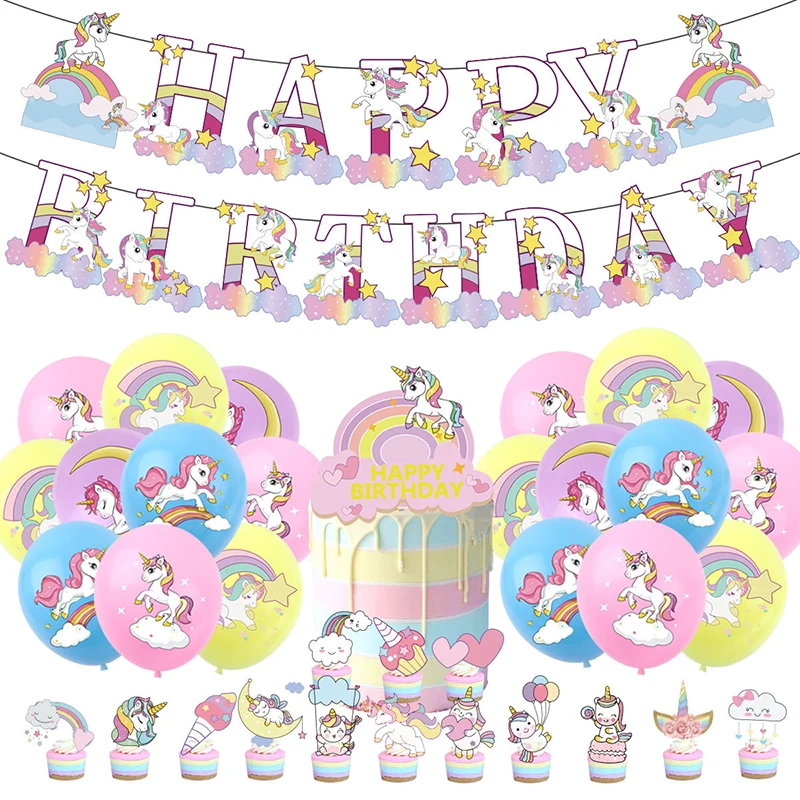 

Unicorn Theme Party Girls Birthday Cake Topper Decoration Ride the Clouds Unicorn Balloons Banner Baby Shower Party Supplies