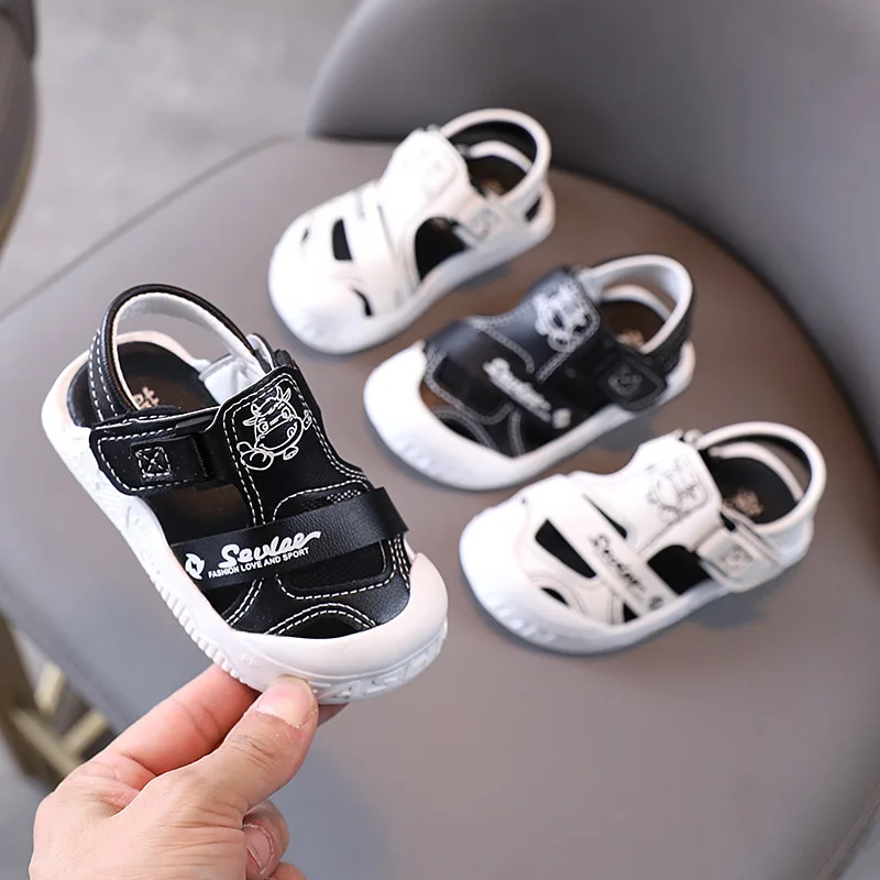 

Toddler Boy Sandals Solid Black Summer Fashion Non-slip Breathable Kids Cute Cartoon Prints Boys Versatile Covered Toes Shoes PU
