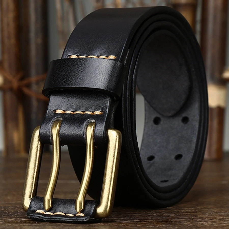 Men's Leather Double Needle Buckle Classic Tow Row Hole Jeans Belt Cowboy Hollowed Out Waistband Width:3.8cm Length:105-125cm