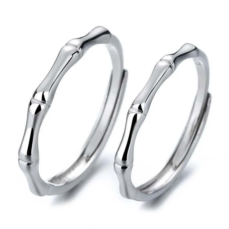 

White Gold Plated 925 Sterling Silver Fine Jewelry Chinese Paired Bamboo Stacking Rings Set for Lovers Couple Women and Men