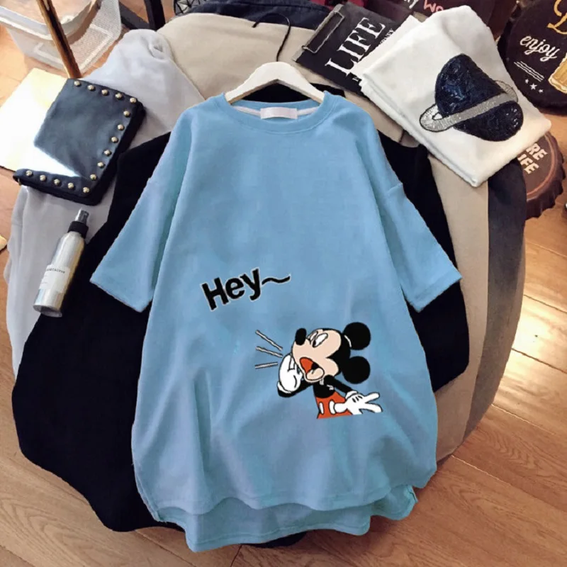 Disney Mickey Mouse T-shirt Girl Trend Mid-Length Loose Casual Short-Sleeved Cartoon Mickey Print T-shirt Round Neck Top