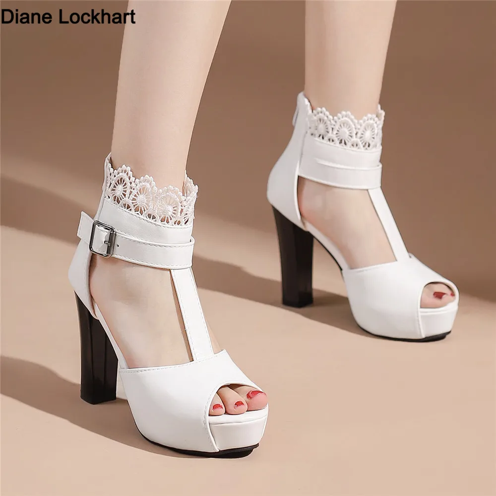 

2023 New Ladies Shoes Gladiator Sandals Women White Red Black Lace Party Wedding High Heel Open Toe Platform Pumps Size 32-43