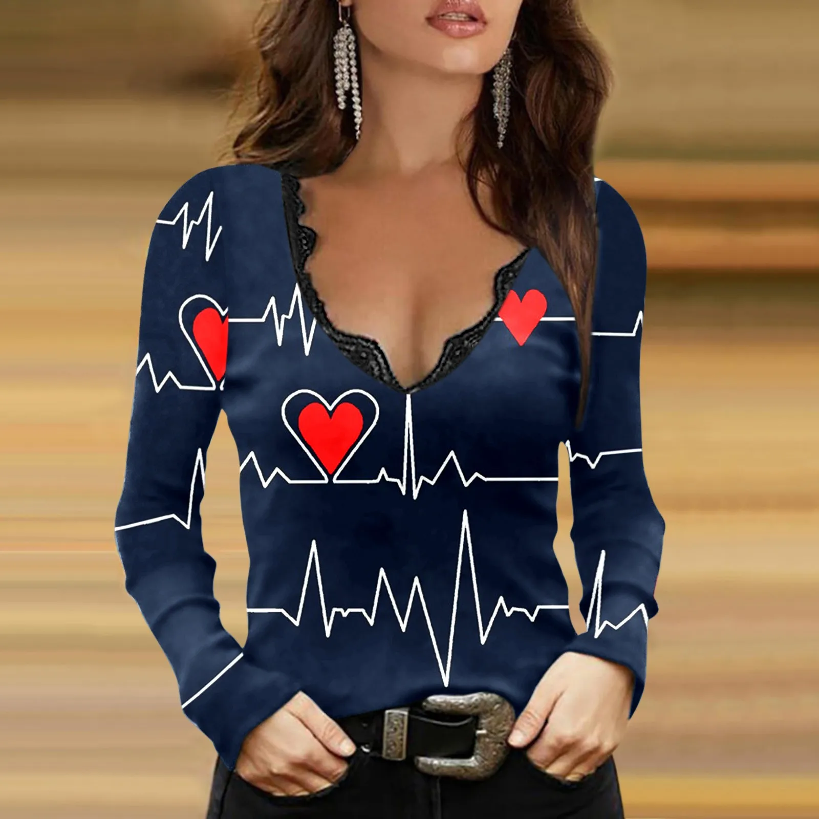 

Women Top T Shirt Valentines Day Contrast Printing V Neck Tee Shirt 2022 New Sexy Long Sleeved Top T-shirt Camisetas De Mujer