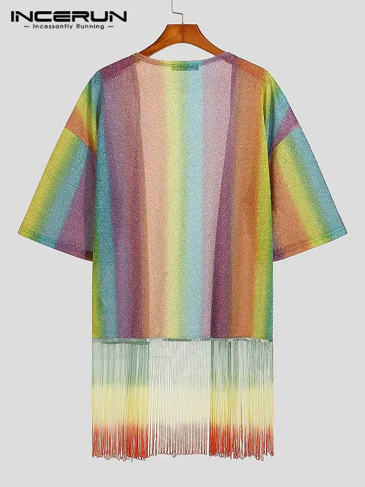 Fashion Casual New Men Tops 2022 INCERUN Rainbow Patchwork Fringe Blouse Stylish Male Hot Sale Mid Sleeve Cardigan Shirts S-5XL