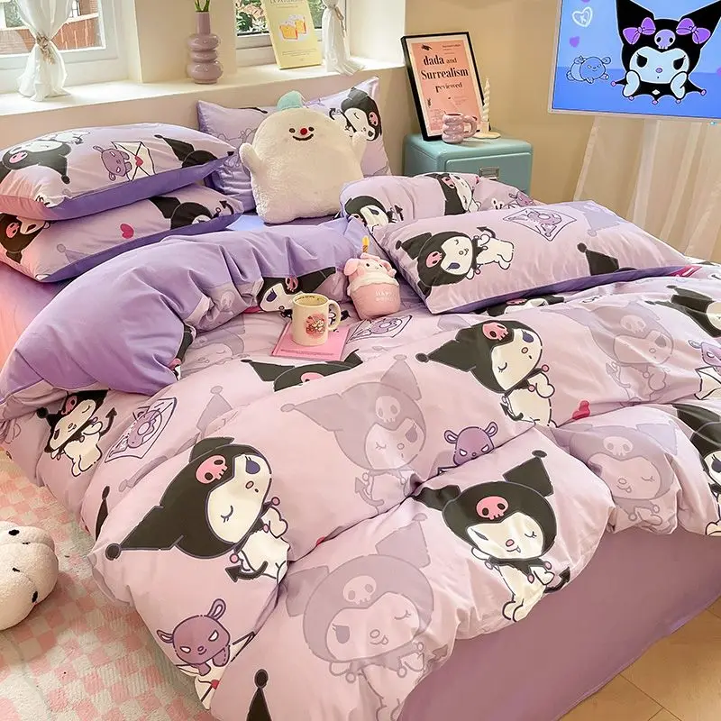 

Постельное белье Sanrio Kuromi Cinnamoroll Hello Kitty, из чистого хлопка, из четырех частей, с мультяшными милыми сердечками для девушек, простыни для студентов и покрывала