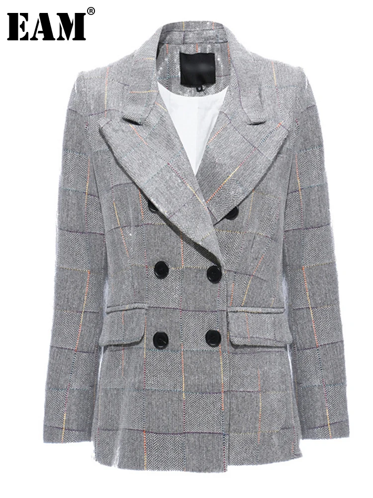 

[EAM] Women Gray Double Breasted Plaid Blazer New Lapel Long Sleeve Loose Fit Jacket Fashion Tide Spring Autumn 2022 1DD2365