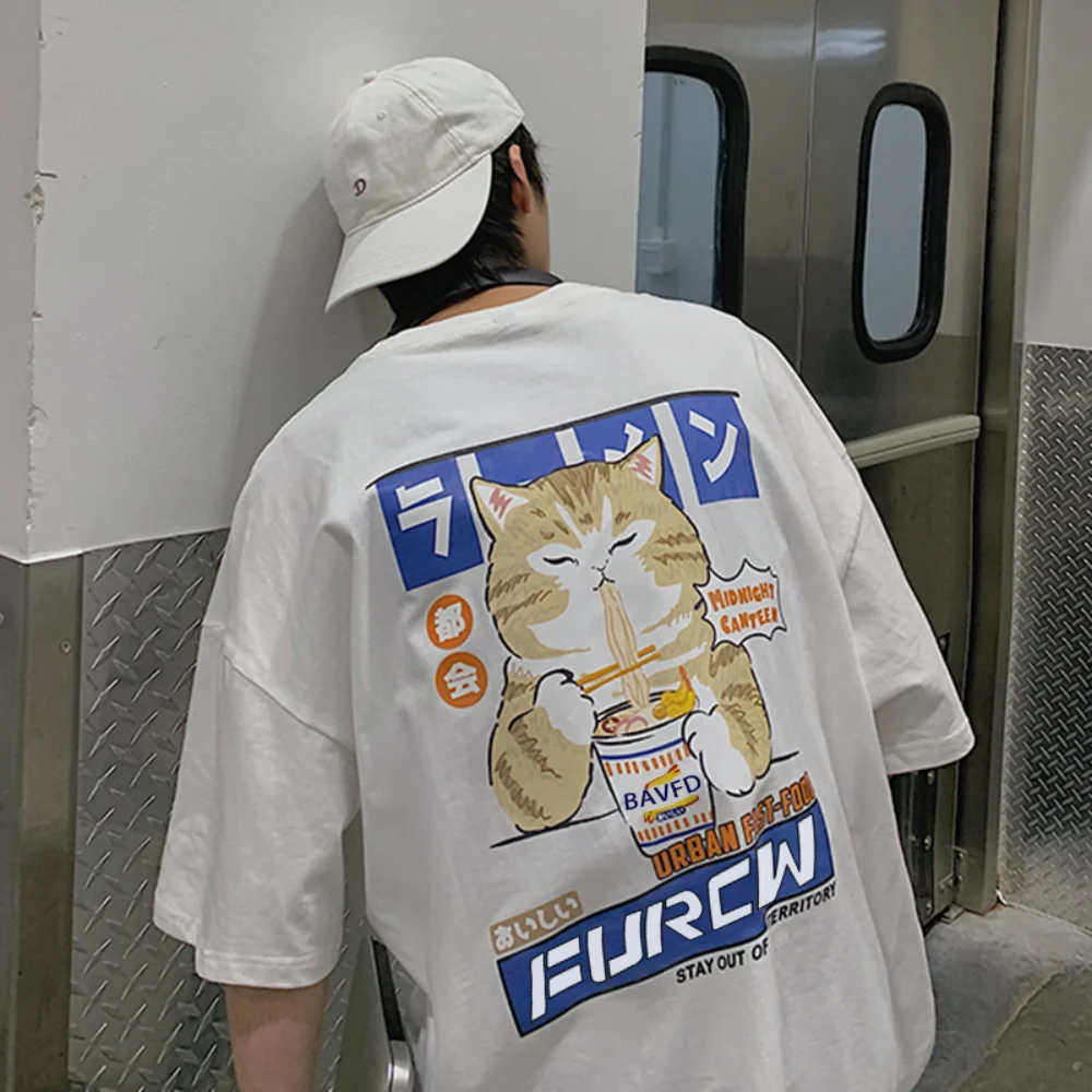 

TPJB New Cat Cartoon Graphic Men T-shirt Casual Baggy Short Sleeve T-shirt Japanese Style Oversized T Shirt Men's Clothing
