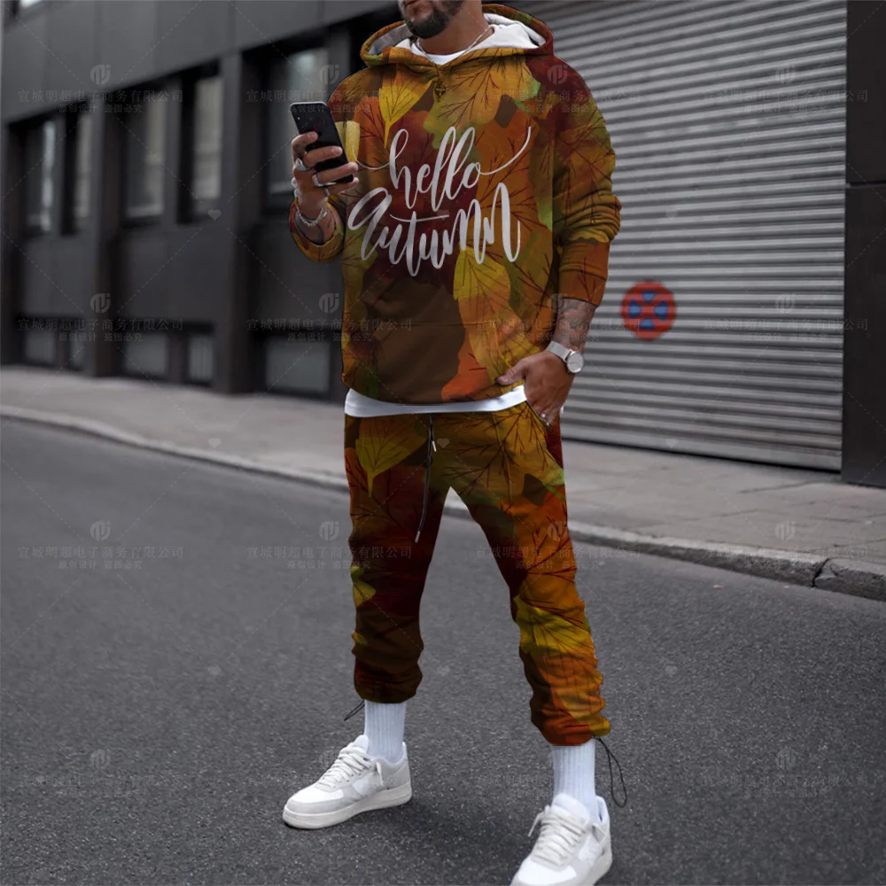 

Fashion Leaf 3D Printing Men's Hoodie Pants Set Casual Streetwear Autumn Winter Urban Trend Sportswear 2 Piece Set