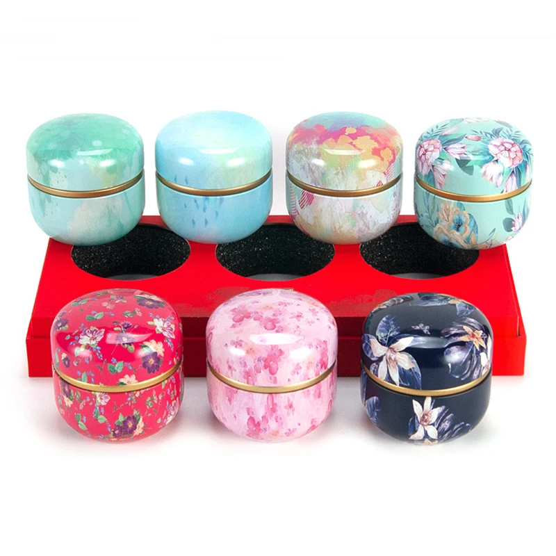 

Tea Caddy Tinplate Household Sealed Tea Packaging Box Portable Japanese Style Flowers Tea Round Small Tin Container Storage Box