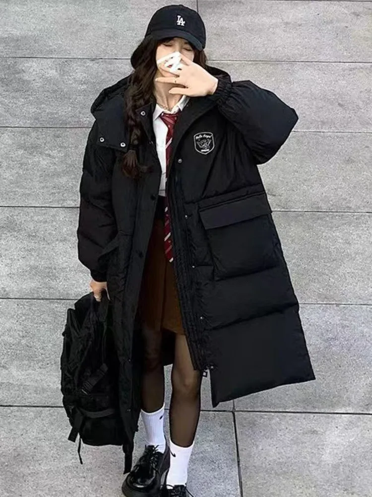 

Women Winter Warm Coats Loose Long Parkas With Hooded Female Long Coat Black Parkas Puffer Down Jacket Loose Ladies Overcoat