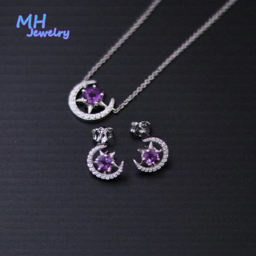 

MH sweet Jewelry Sets necklace and earrings Sterling 925 Silver Brazic amethyst Stone Fine Jewelry Women Party Wedding Gift