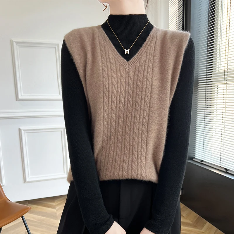 Женский шерстяной вязаный жилет однотонный Свободный с V-образным вырезом