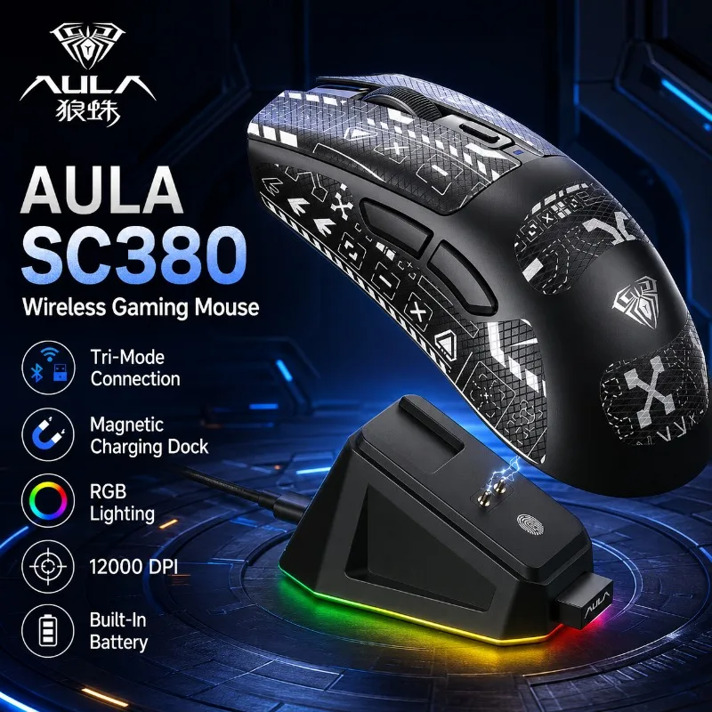 Фото Игровая мышь AULA SC380, трехрежимная, беспроводная, Bluetooth, перезаряжаемая, с магнитной базой, 12000 DPI, RGB, легкая, для киберспорта №1