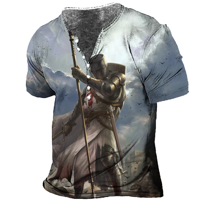 

Vintage T Shirt For Men 3d Printed Knight Henley Shirt Gothic V-neck Cotton Short Sleeve Oversized Tops Harajuku Punk Streetwear